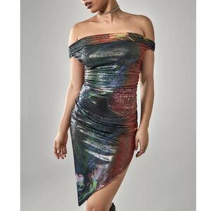 Urban Outfitters SILENCE + NOISE Arianna Asymmetrical Metallic Midi Dress Sz SP